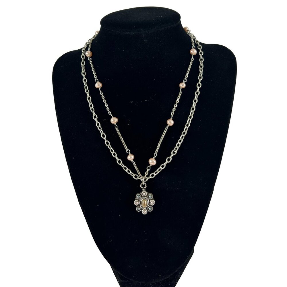 Lauren Conrad Necklace Double Strand Silver Tone Faux Pink Pearl Beaded Delicate